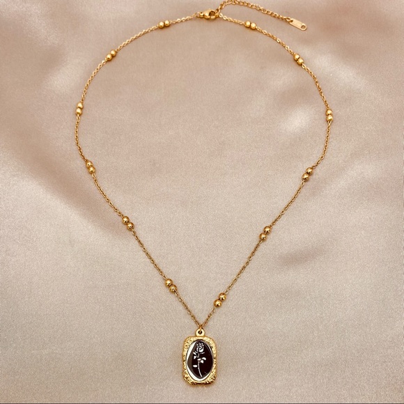 18K Gold PVD Coating Mirror Effect Rose Pendant Beaded Dainty Chain Necklace - Picture 10 of 13